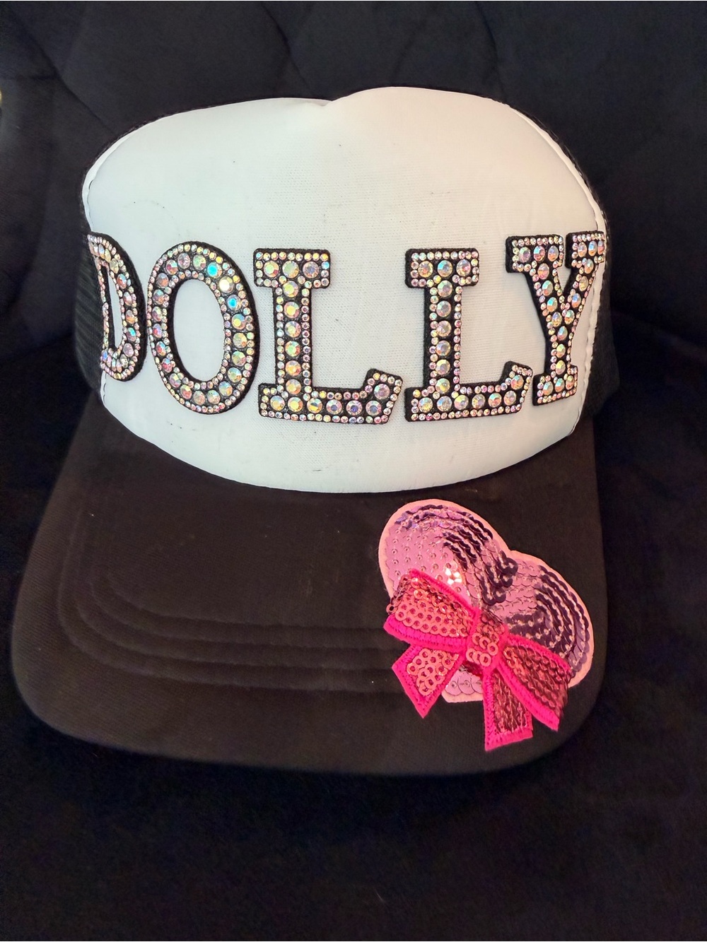 Sequin 'DOLLY' Parton Logo Trucker Cap with Pink Sequin Bow